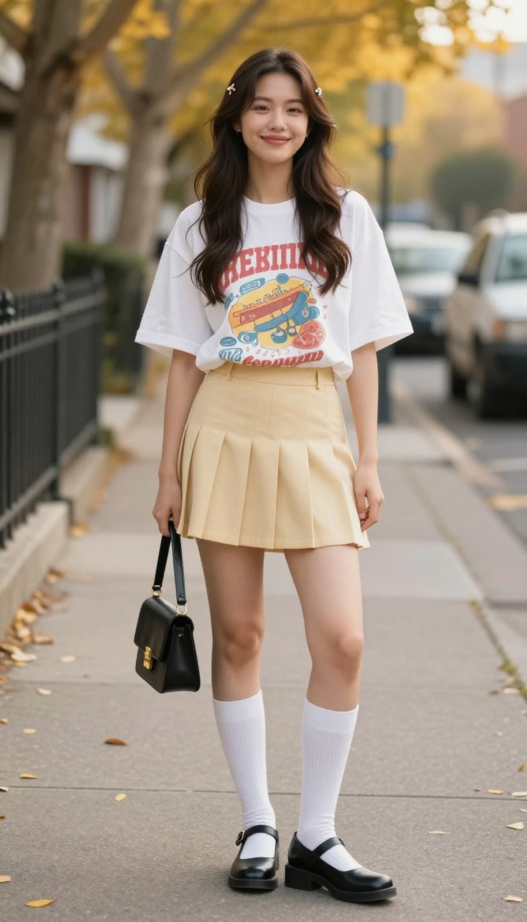 5. Pleated Mini Skirt with Graphic Tee