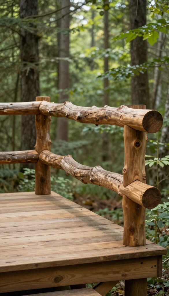 Rustic cabin deck with a natural branch and log railing in a sunlit wooded setting