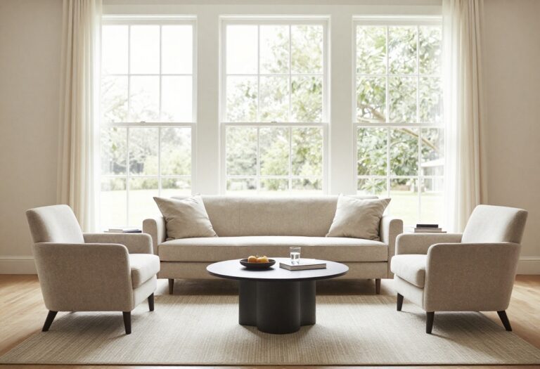 Bright living room with a sofa and two angled accent chairs arranged around a coffee table to create an inviting conversation area
