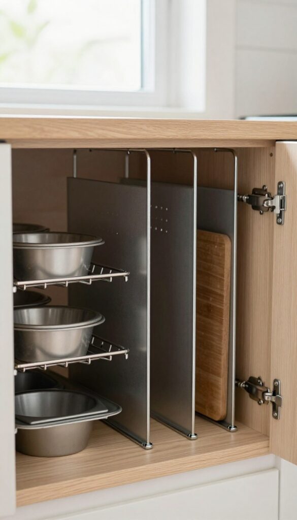 Open kitchen cabinet with baking sheets and cutting boards stored upright in a vertical divider rack, bathed in bright natural light