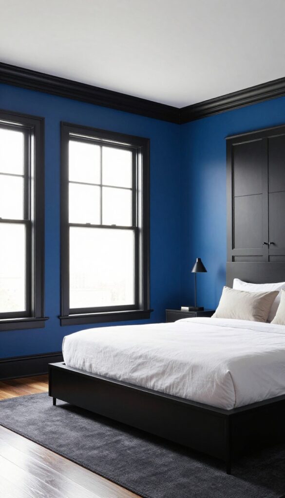 3. Blue Walls With Black Trim or Molding idea