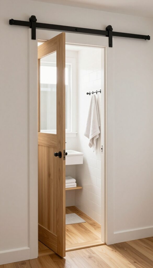 Small bright bathroom with a sliding barn-style door on a black metal track, partially open to show a compact vanity and towel shelf in the reclaimed space