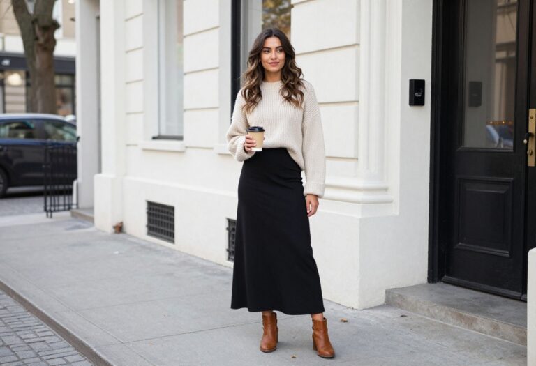 Woman wearing a long black skirt with a cream sweater and ankle boots, standing on a city sidewalk in autumn.