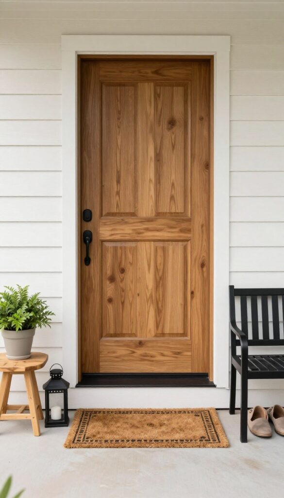 Stylish front deck entry landing zone with a small black bench, shoe storage underneath, outdoor rug, and a wood side table with a plant and lantern by the front door.