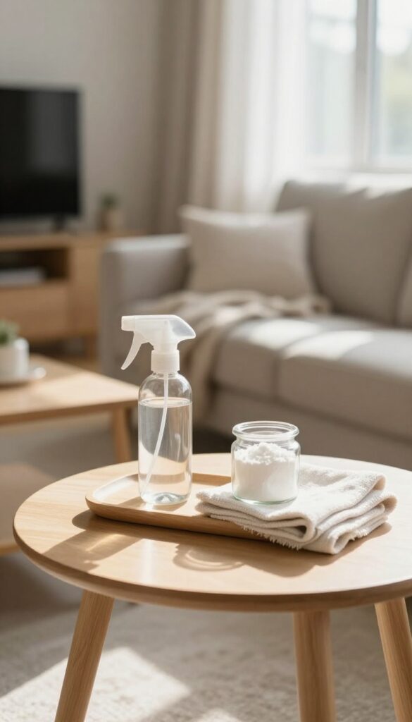 Simple DIY cleaning supplies on a side table in a sunlit living room with a cozy sofa and TV in the background, suggesting saved time and money.