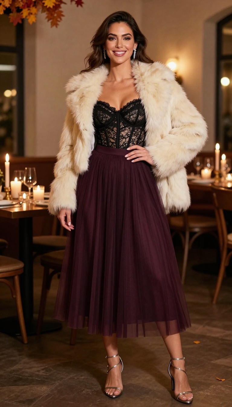 3. Lace Corset + Tulle Skirt + Faux Fur Jacket