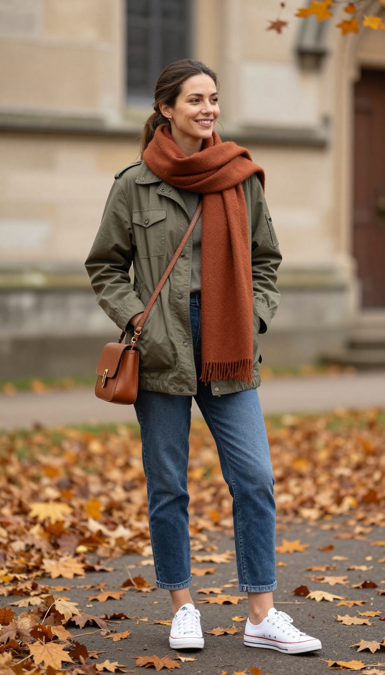 13. Utility Jacket, Mom Jeans, and Canvas Sneakers