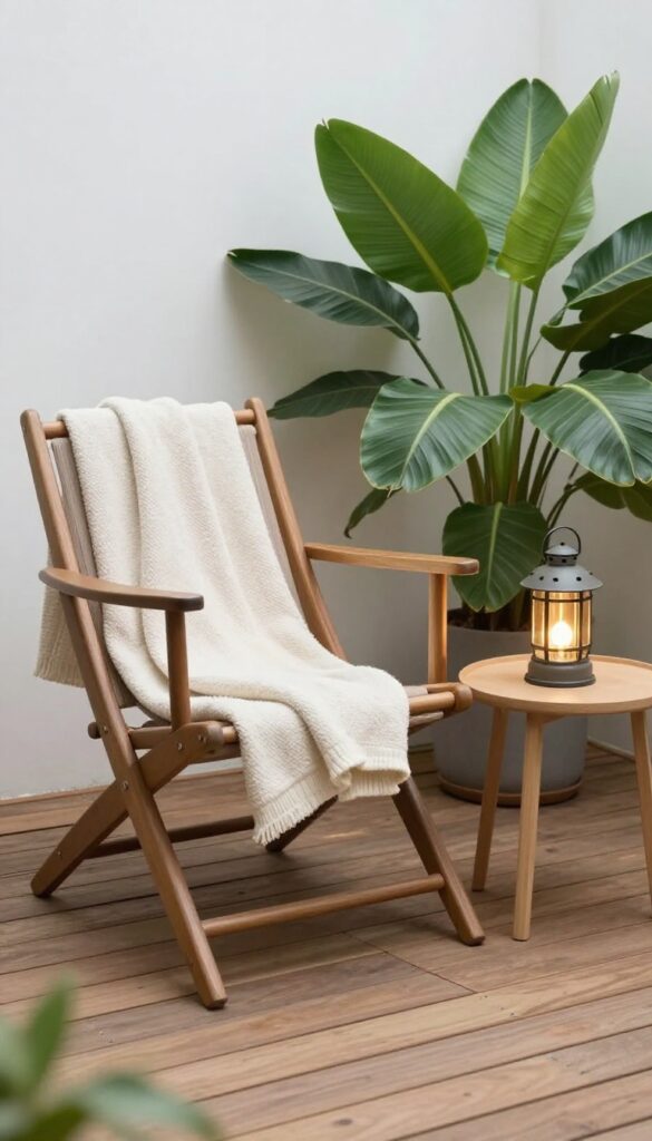 Cozy corner nook on a wooden deck with an angled accent chair, small side table, statement potted plant, and warm lantern in bright natural light