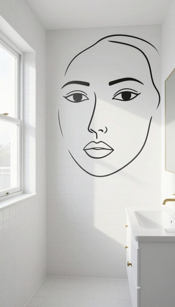 Modern bathroom with a black-and-white abstract line art mural on a white wall above a vanity with gold fixtures