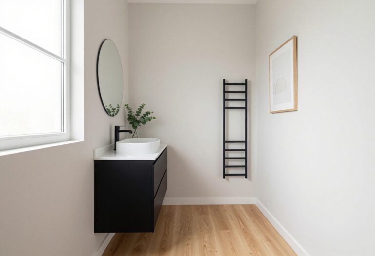 Bright narrow bathroom with a floating vanity on one side and a calm empty wall on the other, styled with natural light and minimal decor.