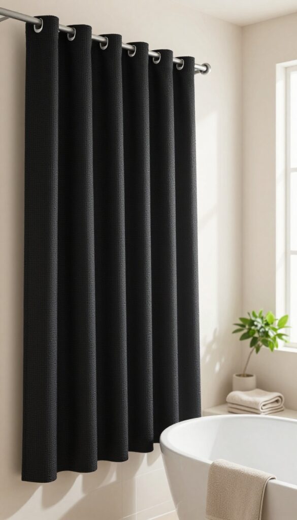 Bright neutral bathroom with a textured black waffle-weave shower curtain softly lit by natural window light, highlighting the fabric's depth and dimension.