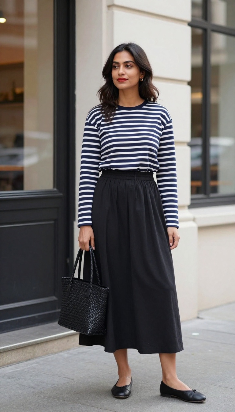 6. Long Black Skirt with a Striped Long-Sleeve Tee and Ballet Flats
