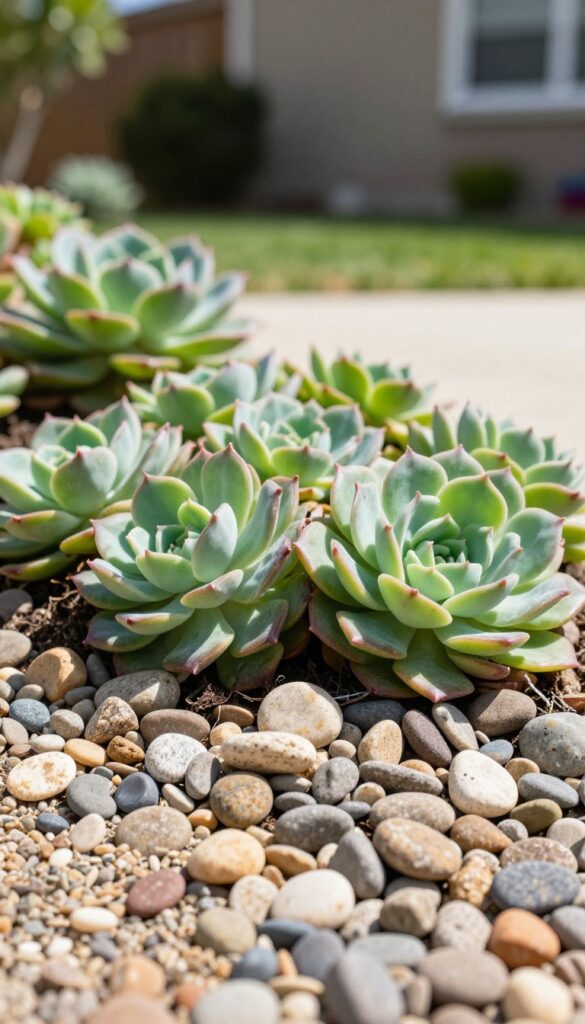 Layered rock and succulent front yard bed with gravel, medium stones, and low-growing rosette succulents in bright natural light