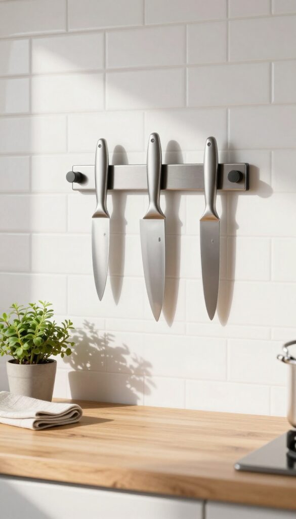 A stainless steel magnetic knife strip mounted on a white subway tile kitchen wall holding three knives and scissors above a clear wooden countertop with a small herb plant in bright natural light