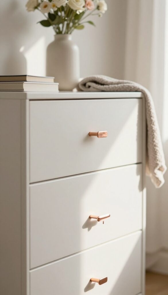 Close-up of a modern dresser with slim rose gold bar handles in a bright, neutral bedroom with natural light