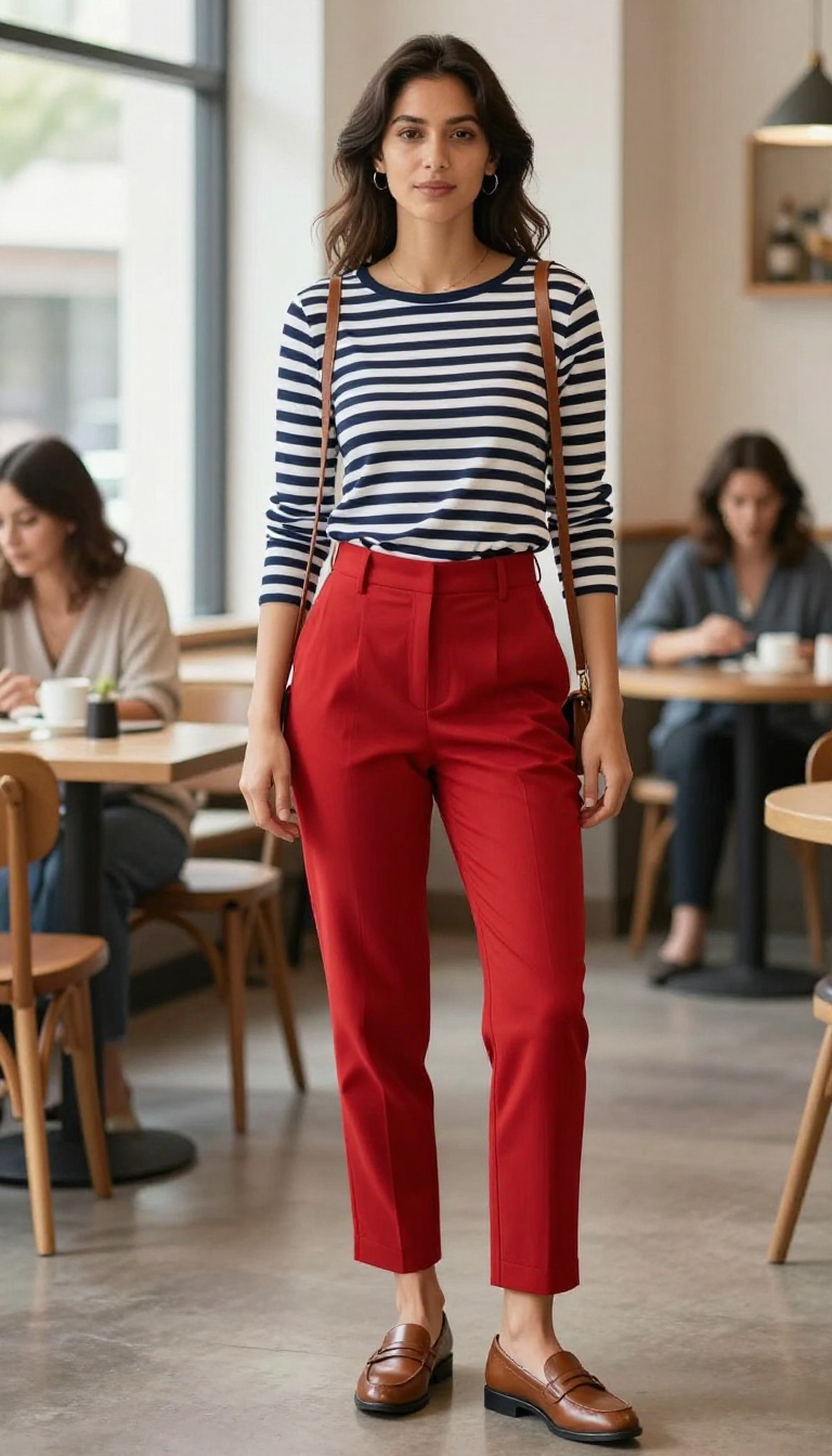 12. Red Pants with a Striped Top