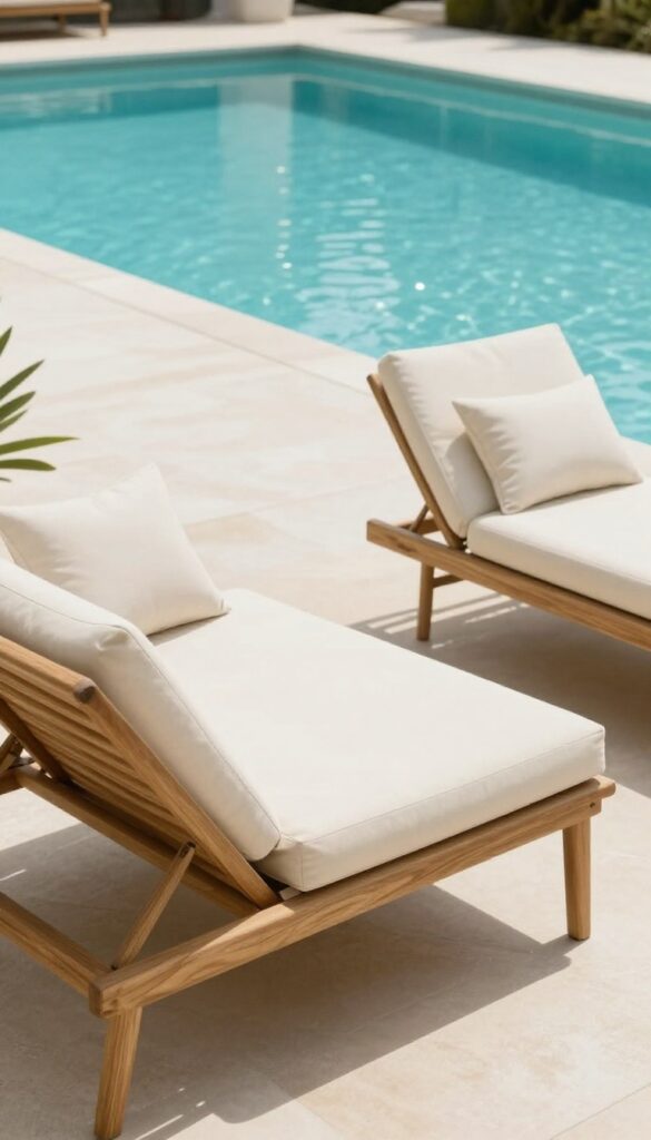 Two teak-framed lounge chairs with neutral cushions on a bright backyard pool deck beside sparkling water