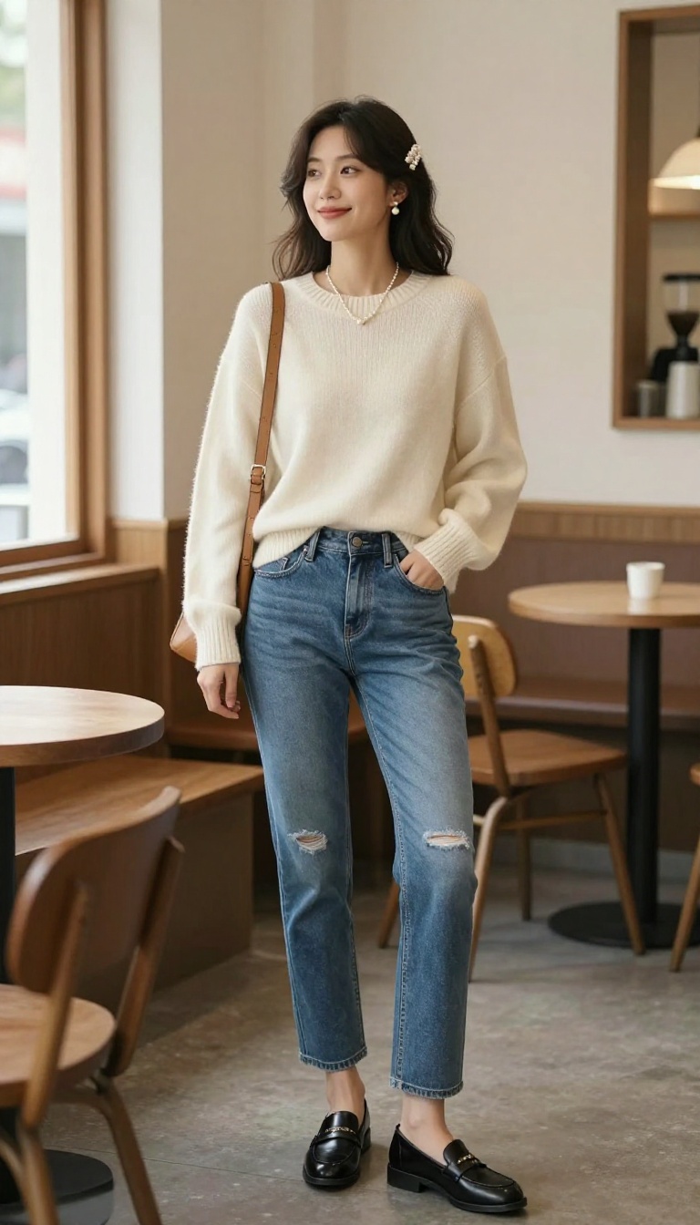 9. Distressed Jeans with a Polished Sweater and Pearl Accessories