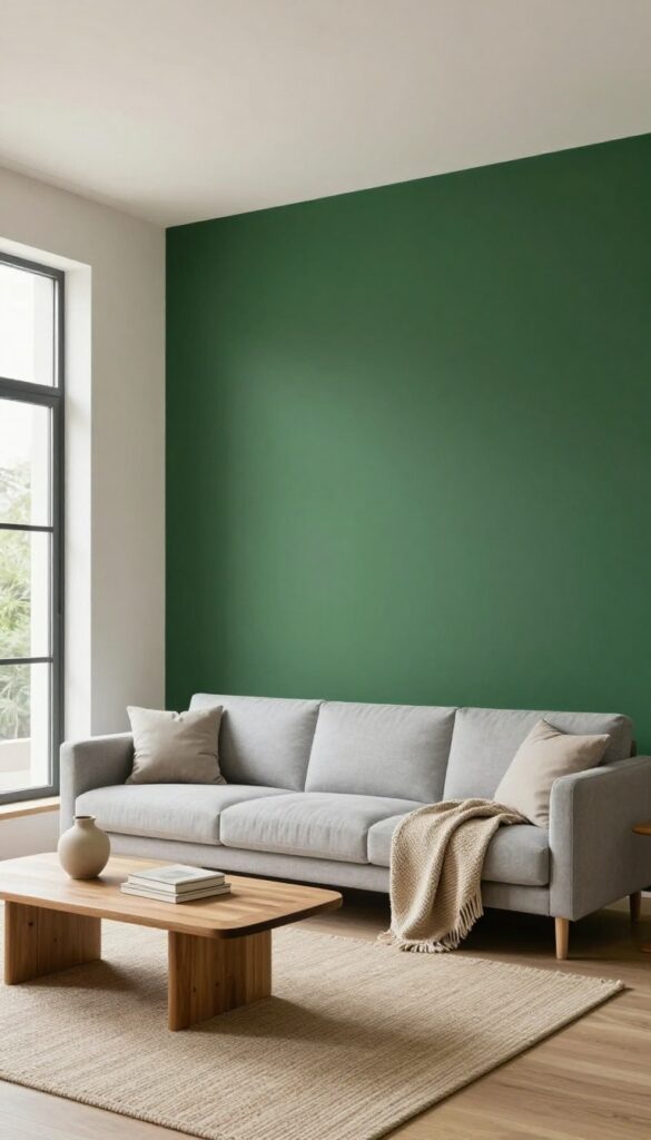 Bright living room with a deep green accent wall behind a light gray sofa, styled with a neutral rug and wooden coffee table in natural daylight.