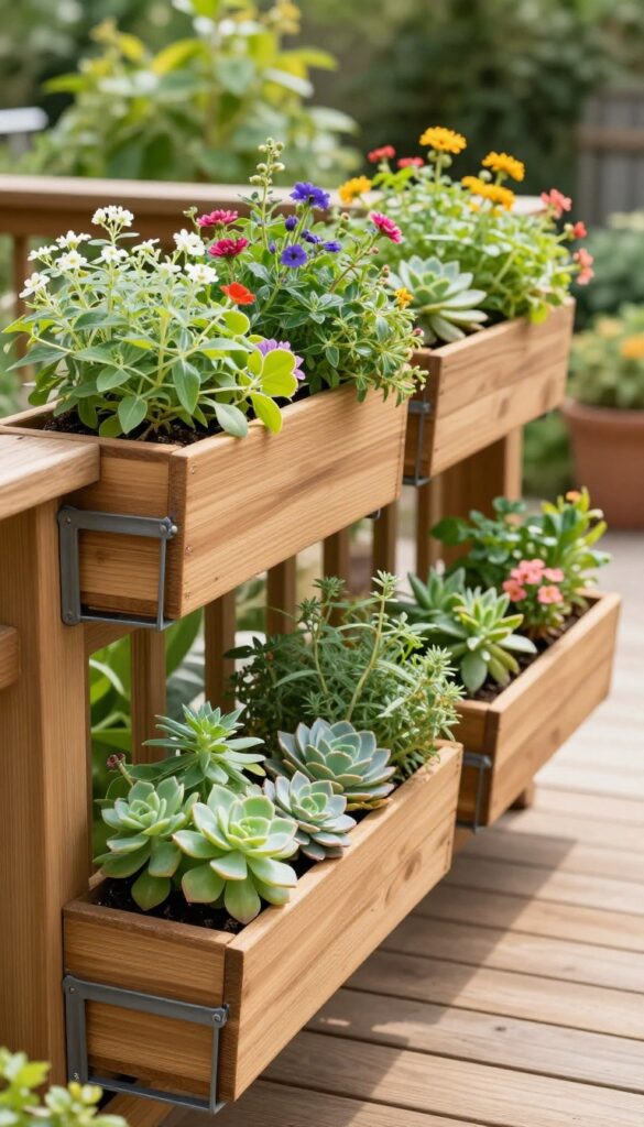 Wooden deck railing with attached DIY planter boxes filled with herbs, succulents, and trailing flowers in bright natural light.