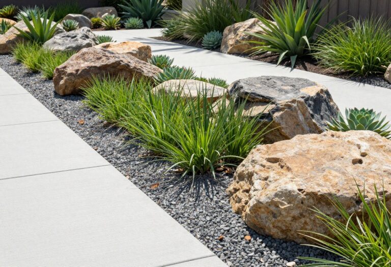 Modern front yard rock landscaping with mixed-size stones, gravel, and drought-tolerant plants beside a walkway in bright natural light.