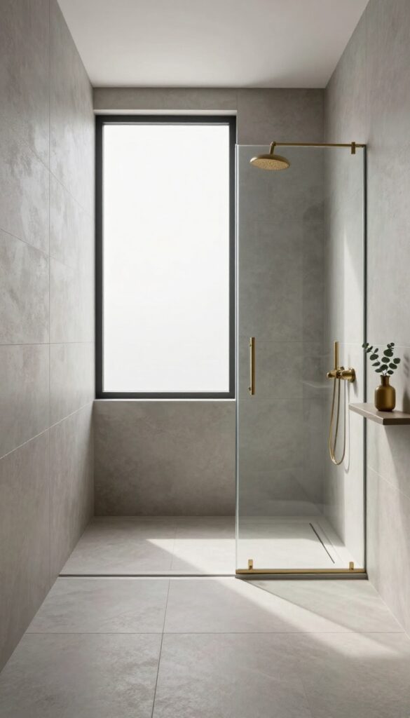 Bright modern bathroom shower with floor-to-ceiling light gray tile covering every wall up to the ceiling, glass door, and brass fixtures for a polished luxe look.