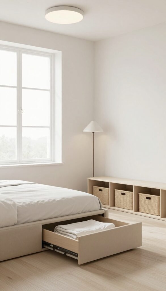 Bright windowless bedroom with a neutral bed featuring hidden under-bed storage drawers, matching nightstands, and a woven fabric storage box on a shelf, keeping surfaces clear and the room feeling open