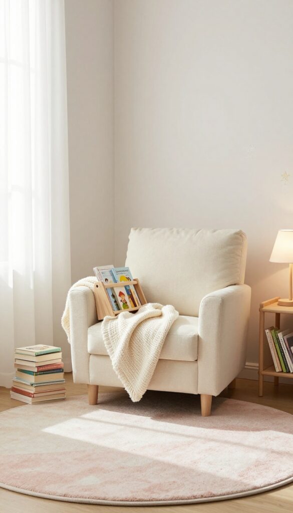 Cozy reading nook corner in a bright baby girl nursery with a cream glider armchair, small bookshelf with outward-facing picture books, soft pastel rug, and a warm dimmable lamp in natural daylight