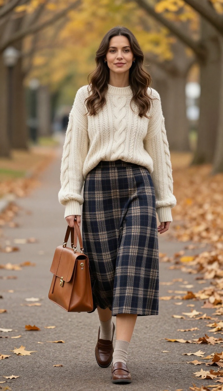 12. Plaid Skirt with a Cable Knit and Loafers