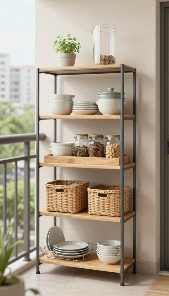 Narrow outdoor shelving unit on a small balcony holding pots, baskets, jars, and a dish rack in bright natural light.