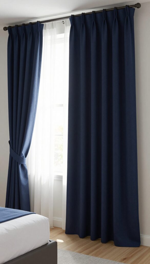 Bright bedroom with floor-to-ceiling dark blue curtains hung high above a large window, layered over sheer white panels, pooling on light wood floors against neutral walls.