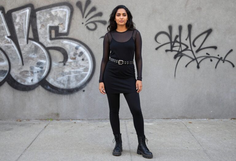 Woman wearing a dark Y2K outfit with a black slip dress, mesh top, and combat boots, standing outdoors in a casual pose.