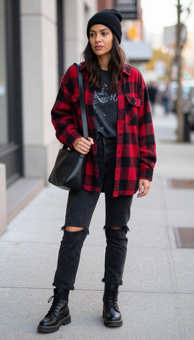 10. Layered Grunge: Plaid Shirt + Band Tee + Distressed Jeans
