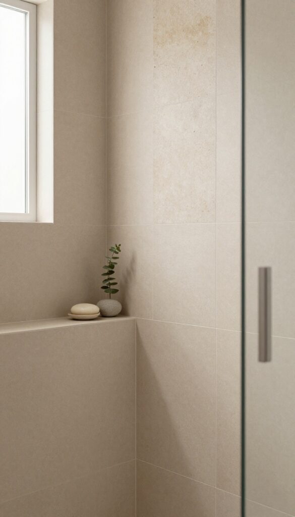 Bright spa shower with a natural stone accent strip set into muted beige tile, styled with a eucalyptus sprig and pebble soap dish in soft daylight