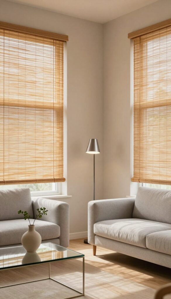 Modern living room with light woven bamboo blinds diffusing bright natural light over a neutral sofa, metal lamp, and glass coffee table