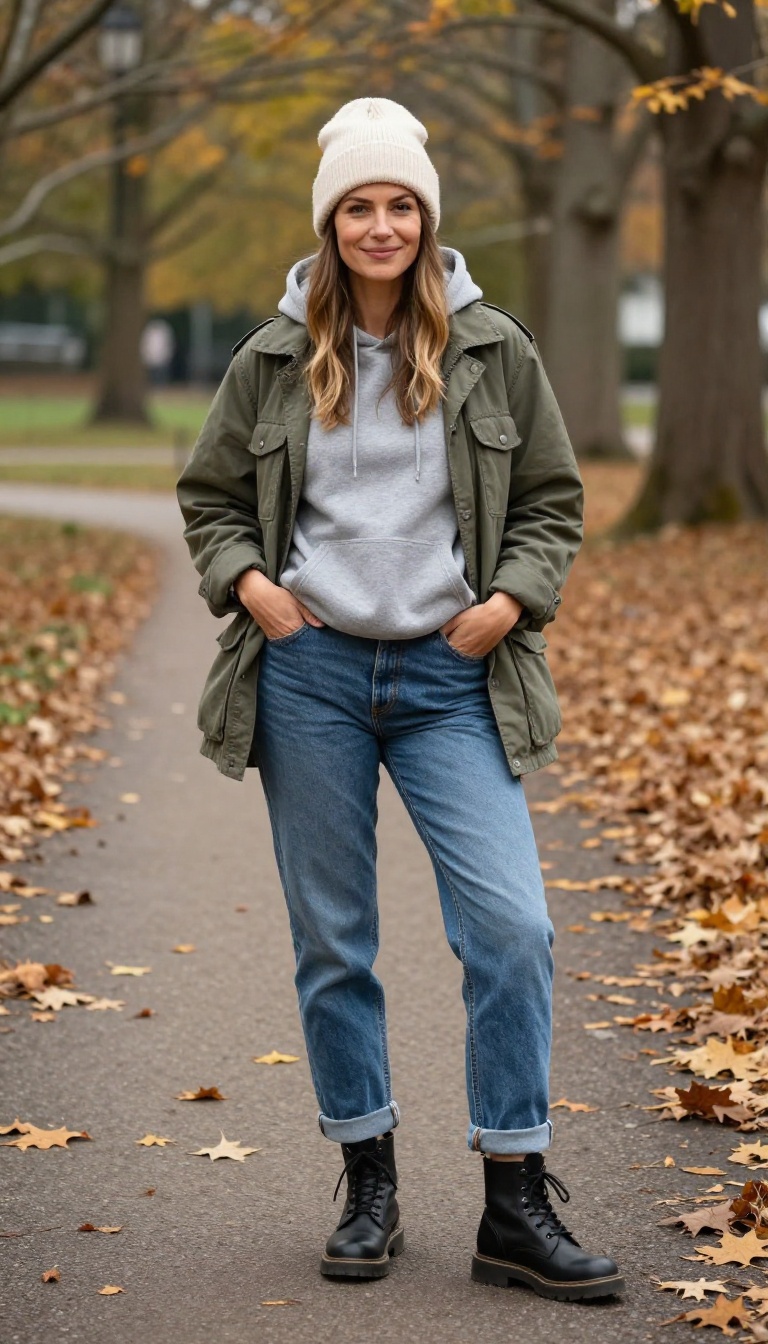 7. Boyfriend Jeans with a Hoodie and Utility Jacket