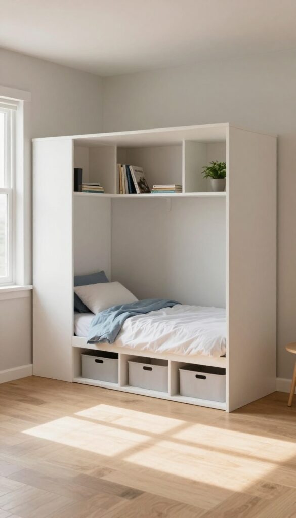 Small boys bedroom with a built-in wall storage bed, white oak shelves and cubbies, neutral bins underneath, bright natural light, and open floor space.