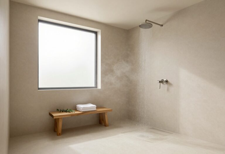 Minimalist spa shower with warm neutral tile and a rainfall showerhead in soft natural light