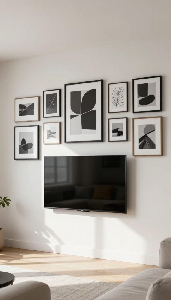A bright living room wall with a flat-screen TV centered among a gallery wall of black and neutral framed artwork and photos, creating a balanced and stylish display.