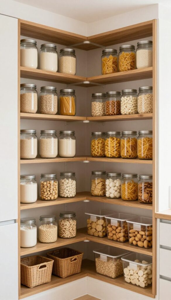 Bright open pantry shelving in a kitchen nook with clear jars, woven baskets, and storage bins for quick grab food storage
