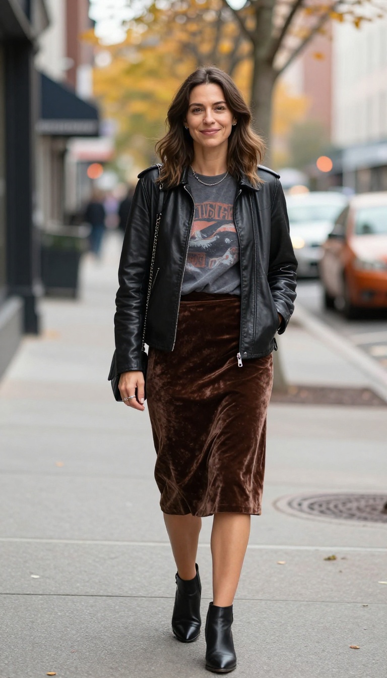 8. Brown Velvet Skirt with a Graphic Tee and Leather Jacket