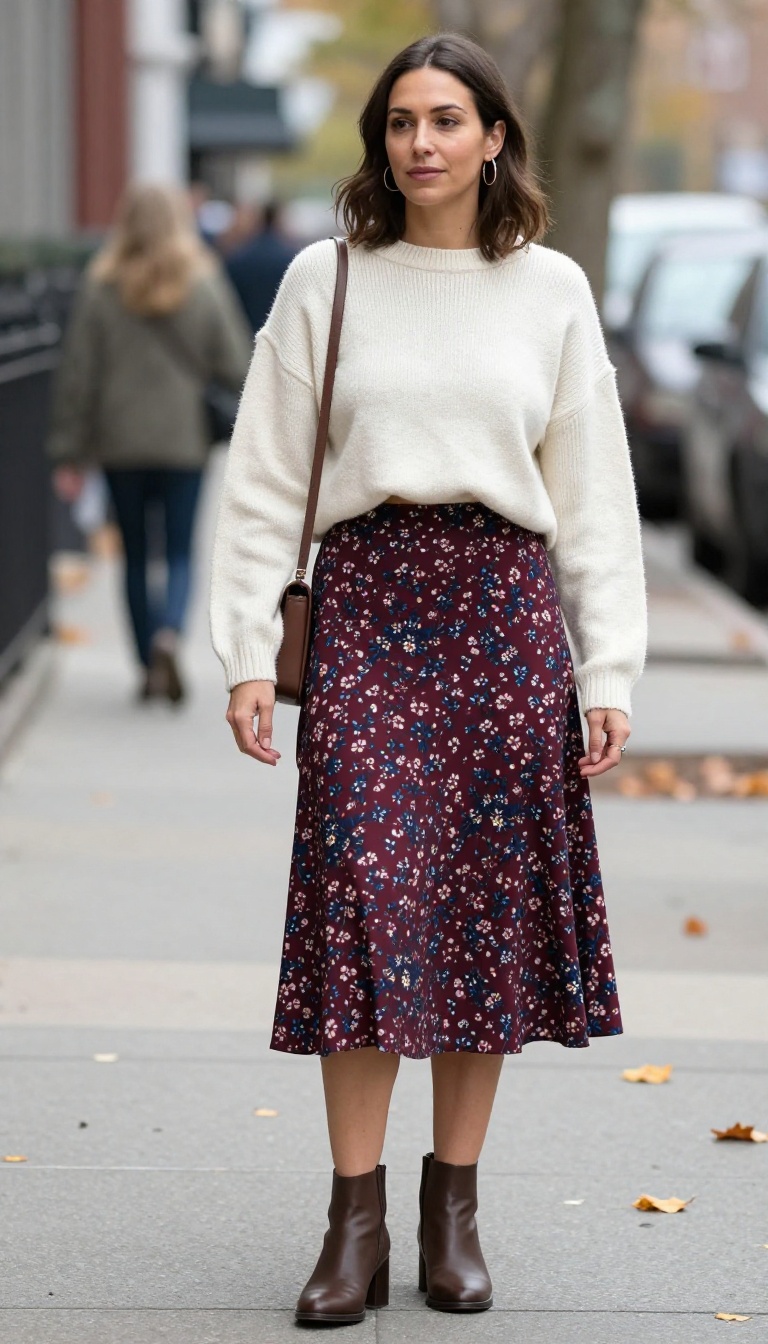 14. Floral Midi Skirt with a Cropped Sweater and Ankle Boots