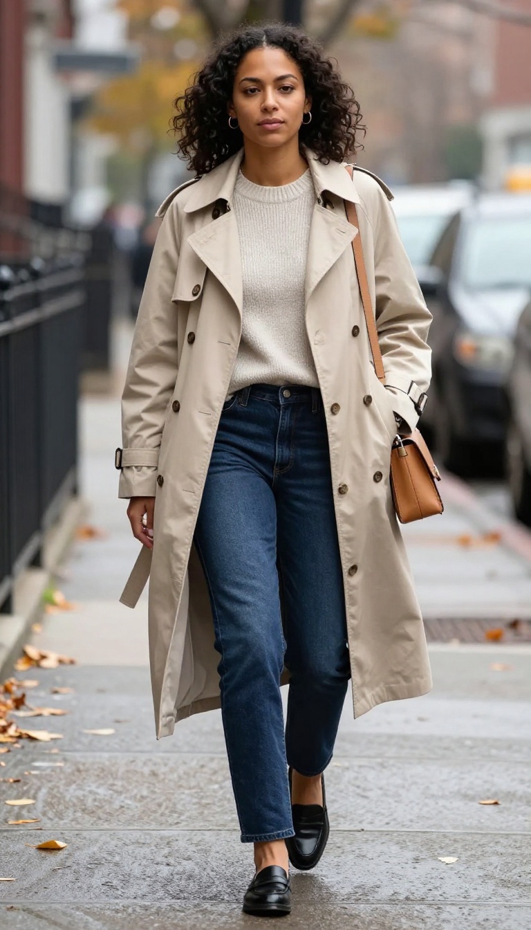 15. Trench Coat and Dark Wash DTI Jeans