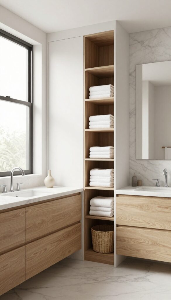 Bright luxury bathroom with a double sink vanity and a tall built-in linen storage tower centered between the two sinks, featuring folded towels and woven baskets on open shelves.