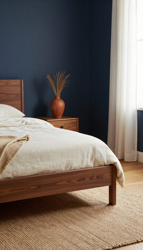 Dark navy blue bedroom with warm walnut wood furniture, light bedding, and a woven rug in bright natural light