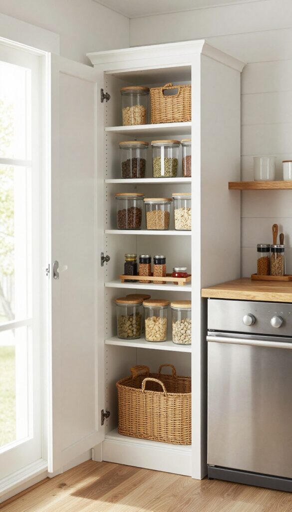 Bright farmhouse kitchen with a slim tall pantry cabinet and open shelving holding baskets and clear containers of dry goods beside a refrigerator.
