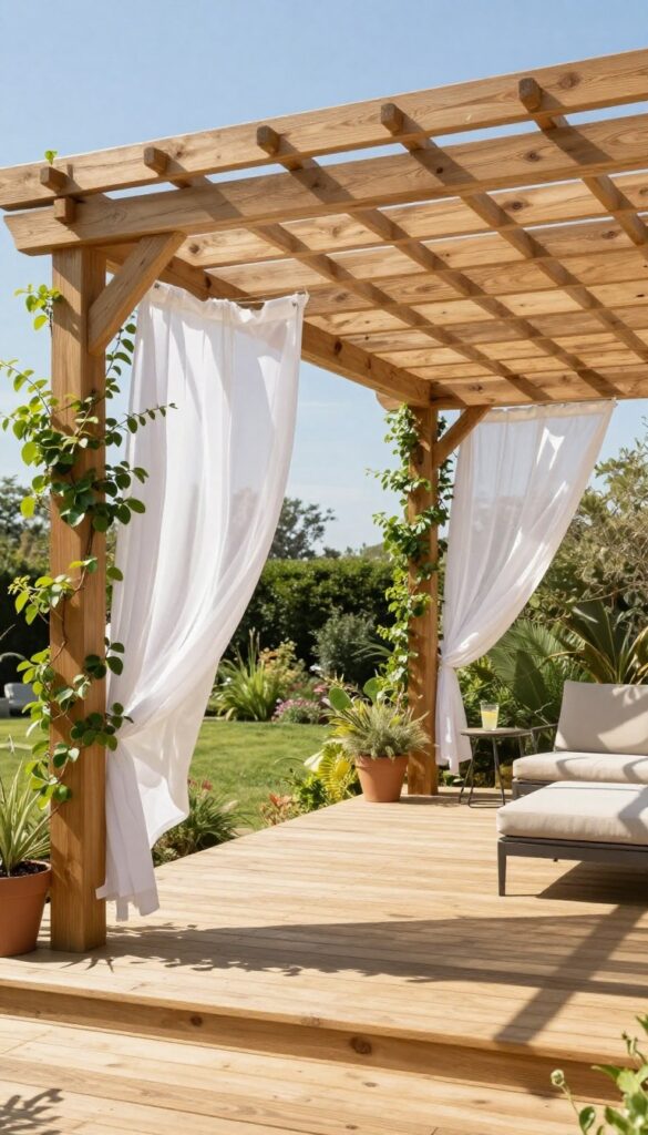 A sunny backyard wooden deck shaded by a light wood pergola with climbing vines, a flowing white curtain, and comfortable outdoor lounge seating beneath the beams.