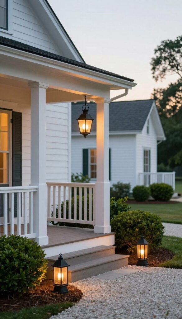 Farmhouse front yard at dusk with vintage-style lantern lights glowing warmly along the porch and gravel pathway, highlighting white siding and green shrubs.