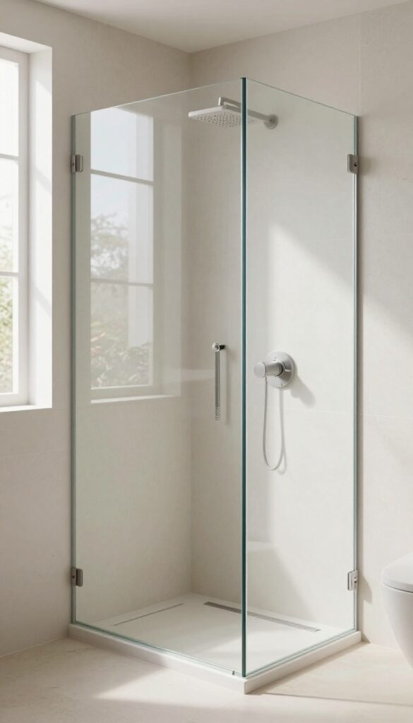 Modern walk-in shower with a glass divider panel, white quartz and sandstone tile wall, open entry, and bright natural light in a clean Scandinavian bathroom.