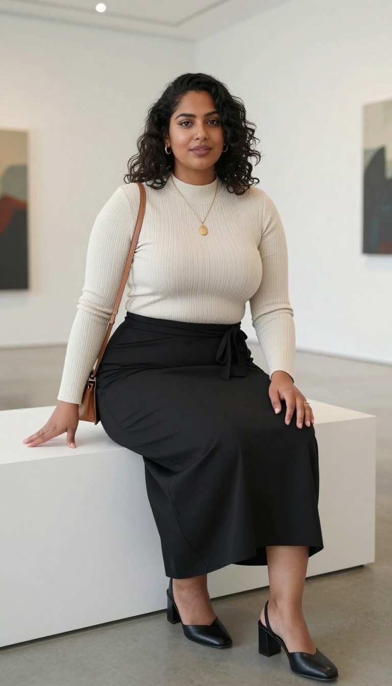 8. Black Wrap Skirt with a Ribbed Knit Top and Mules